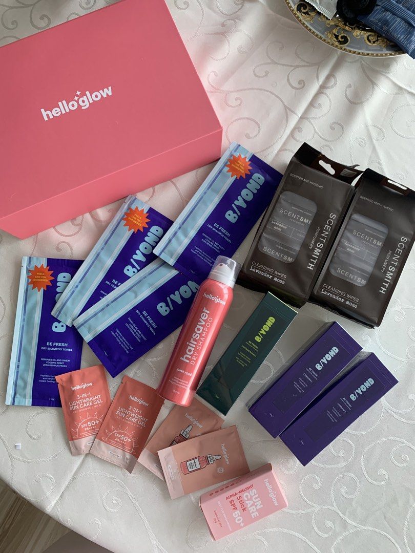 Hello Glow, Scentsmith Beauty , Dry Shampoo Bundle (Category: Face Care) located in Makati City. Submitted by fast_preloveditemsforsale (Listing ID 1465717821, Image 1). Description: Take all for ₱1800 - Glow pink box set - Hair care: Hair saver dry shampoo & B/Yond dry shampoo towels with boxes - Sun protection: Sun care gel & Sun stick - Skincare: Lifting serum - Freshness: Scentsmith cleansing wipes in lavender moss scent - All items shown in 
