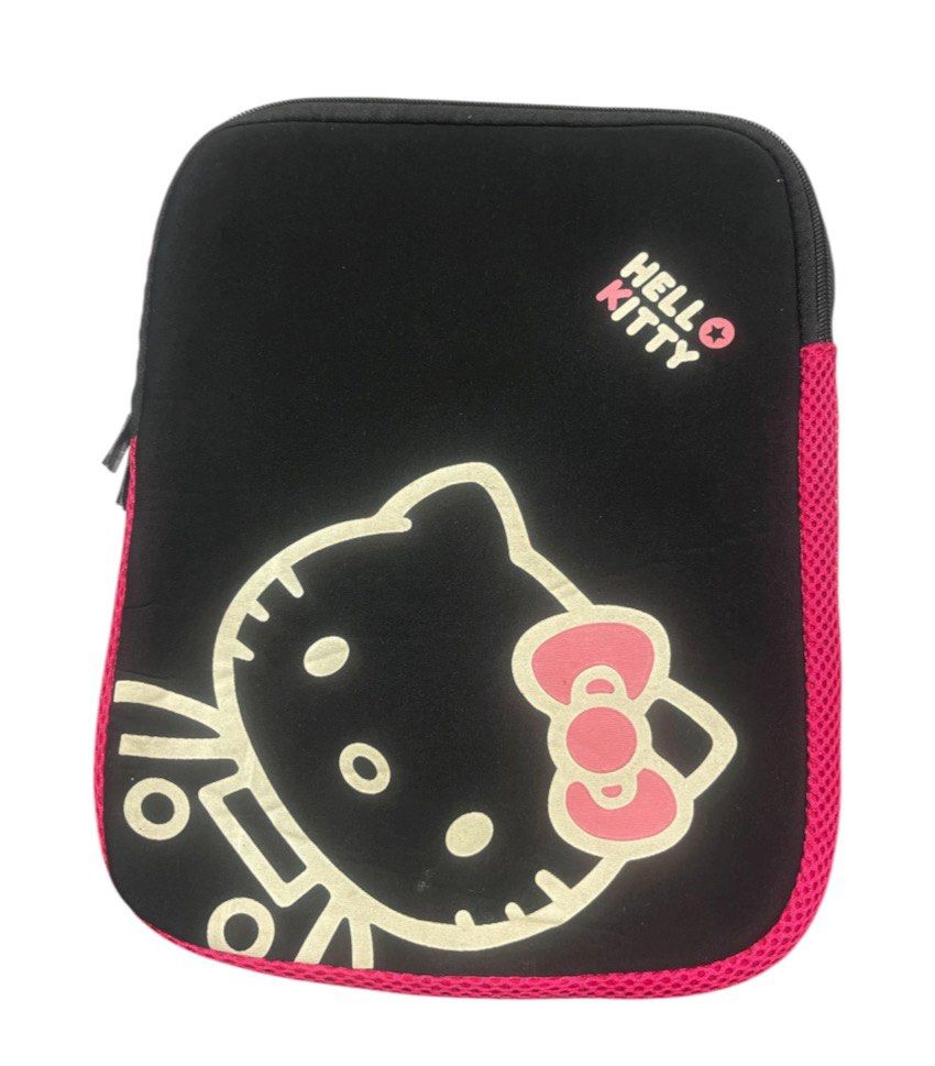Hello Kitty Black and Pink Tablet Sleeve Case Pouch (Category: Purses & Pouches) located in San Pedro. Submitted by lifebeginsaftercoff33 (Listing ID 1465684453, Image 1). Description: - Authentic Sanrio Kitty padded case - Soft neoprene material inside and out for ultimate protection - Stylish black design with bright pink mesh trim - Secure zipper closure with dual pulls - Features a large Kitty graphic print and text logo - Great for daily use