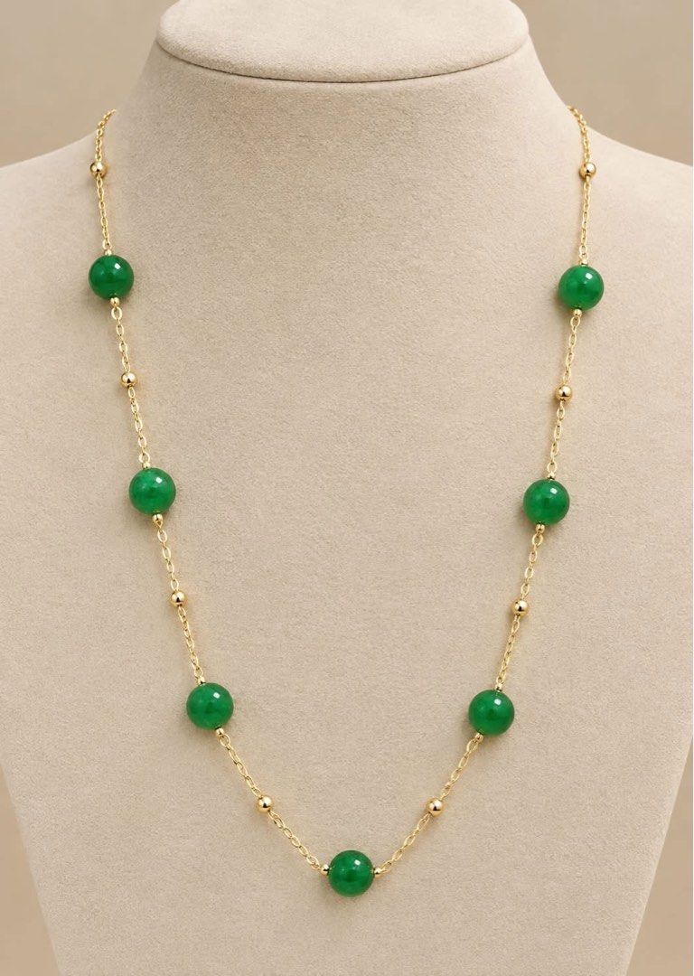 Hetian Jade Station necklace (Category: Necklaces) located in Kalibo. Submitted by sunnysidegold (Listing ID 1465721540, Image 1). Description: Hetian Jade Station necklace Yellow gold plated,micron setting 8mm bead size 18” MOP Gcash/BPI online .