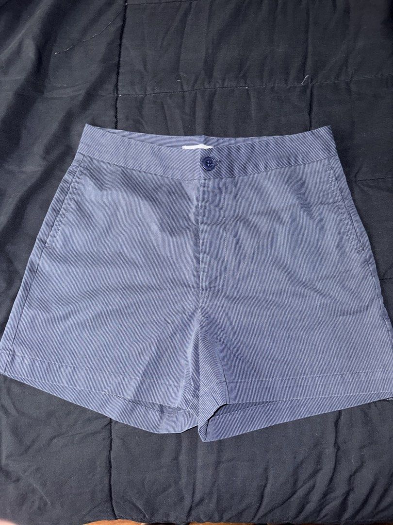 High Waisted Shorts (Category: Shorts) located in Quezon City. Submitted by katedeclutter (Listing ID 1465594038, Image 1). Description: - Brand: Maldita - Size: Small - Color: Blue with thin white vertical stripes - Fit: High-waisted - Details: Single front button closure, zipper fly, and standard side pockets - Condition: Crisp fabric with clean stitching, great for warm weather.