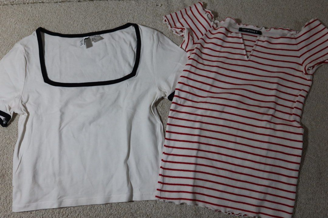H&M and Terranova Tops Size S (Category: Blouses) located in Cabanatuan. Submitted by jstne_ (Listing ID 1465611587, Image 1). Description: -₱300 each or ₱500 if BOTH -Everyday tops (Size S, fits true to size) - Item 1: White H&M basic tee with chic black square neckline and matching sleeve trim - Item 2: Red and white striped Terranova top with short off shoulder sleeves and a stylish v-notch neckline - Versatile basics that easily match with je