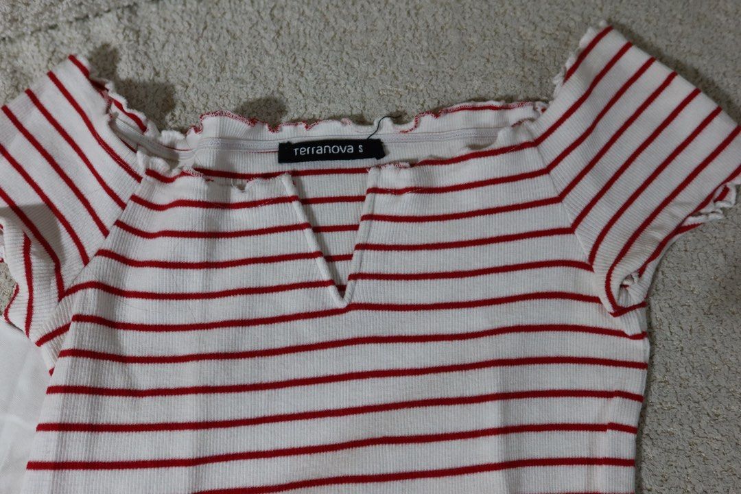 H&M and Terranova Tops Size S (Category: Blouses) located in Cabanatuan. Submitted by jstne_ (Listing ID 1465611587, Image 2). Description: -₱300 each or ₱500 if BOTH -Everyday tops (Size S, fits true to size) - Item 1: White H&M basic tee with chic black square neckline and matching sleeve trim - Item 2: Red and white striped Terranova top with short off shoulder sleeves and a stylish v-notch neckline - Versatile basics that easily match with je