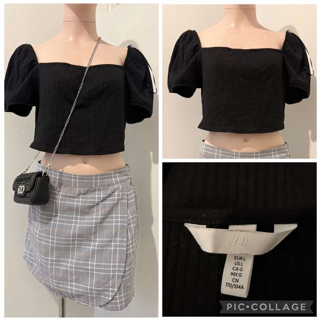 H&M Black Ribbed Puff Sleeve Crop Top (Category: Shirts) located in Cebu City. Submitted by cleverstorm.f1a902 (Listing ID 1465742400, Image 1). Description: - Brand: H&M - Size: Large - Material: Stretchy ribbed knit fabric - Design: Square neckline with short puff sleeves - Fit: Cropped - Condition: Clean and ready to wear - Styling: Pairs effortlessly with high-waisted skirts or jeans.