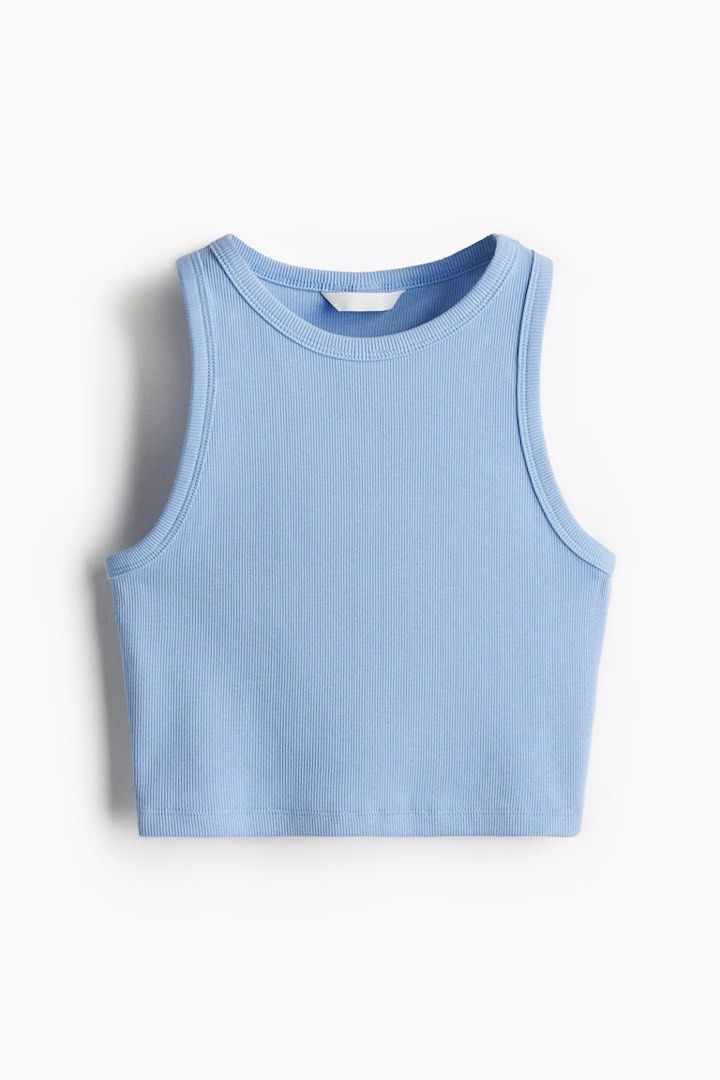 H&M Blue Ribbed Crop Tank Top Size M (Category: Sleeveless) located in Taguig. Submitted by orangeismycat (Listing ID 1465628653, Image 1). Description: - Used only once! - RFS: Too many clothes - Brand: H&M - Item: Ribbed crop top - Color: Light blue - Size: Medium - Style: Classic scoop neck tank - Fit: Snug with comfortable stretch - Condition: Excellent, worn only a couple of times Tags: Zara Love Bonito Uniqlo H&M Forever 21.