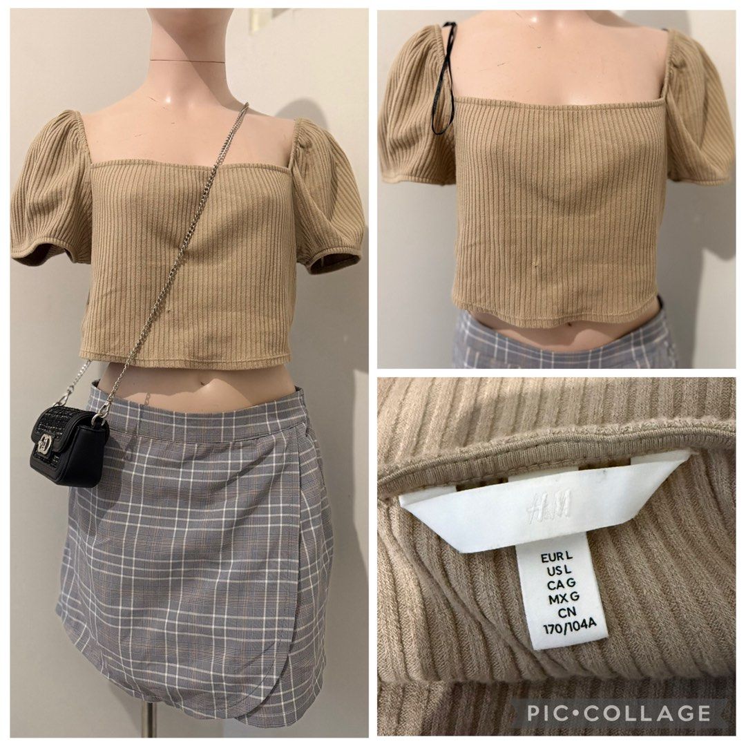 H&M Brown Square Neck Ribbed Crop Top (Category: Sleeveless) located in Cebu City. Submitted by cleverstorm.f1a902 (Listing ID 1465742340, Image 1). Description: I bought this wrap skirt for 600 at SM Uniqlo Cebu and I’m selling it for 300, which is half the original size. - Brand: H&M - Color: Beige brown - Size: L (EUR L, US L) - Material: Ribbed knit fabric - Details: Square neckline, short puff sleeves, cropped fit - Condition/Style: Wardrobe