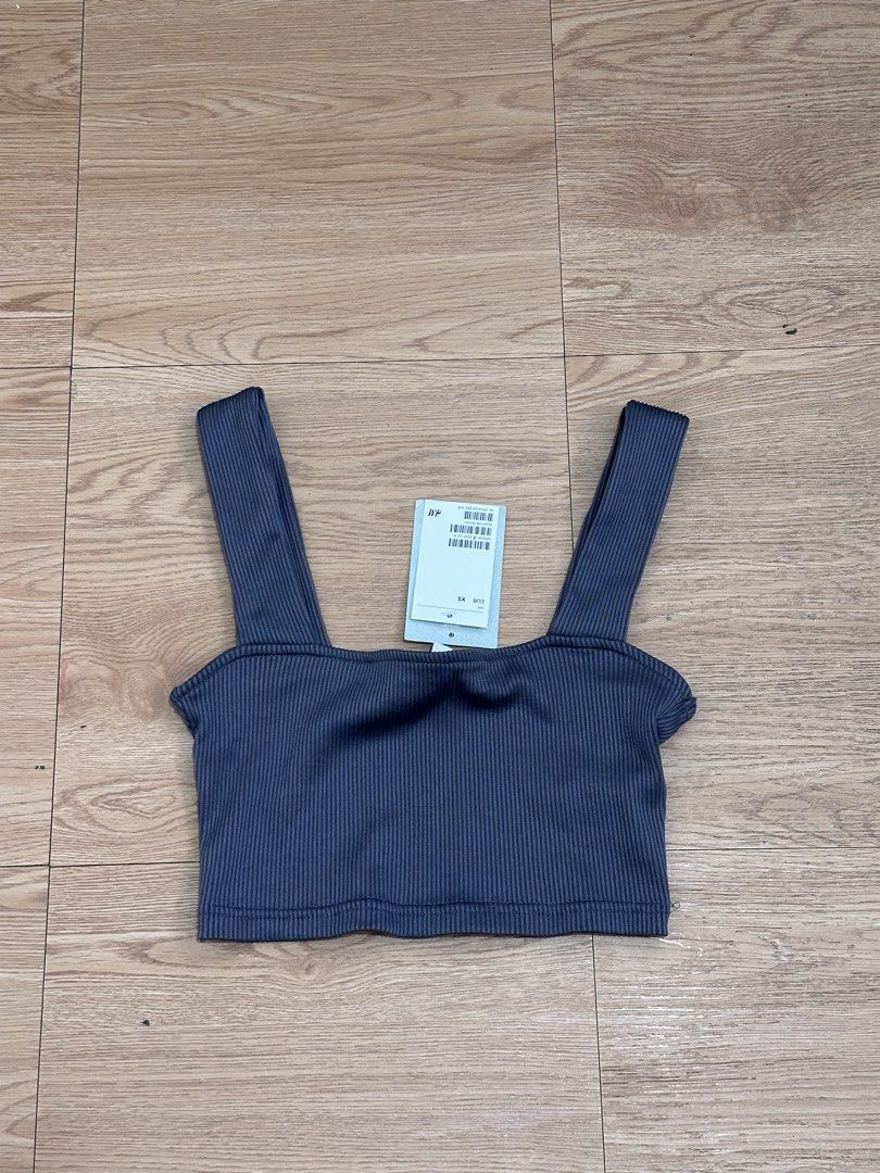H&M Dark Grey Ribbed Crop Top (Category: Sleeveless) located in Binan City. Submitted by forgetmenot_ph (Listing ID 1465636701, Image 3). Description: - Brand: H&M - Condition: Brand new with tags (BNWT), never worn - Size: XS - Color: Dark grey - Details: Ribbed texture, square neckline, thick straps.