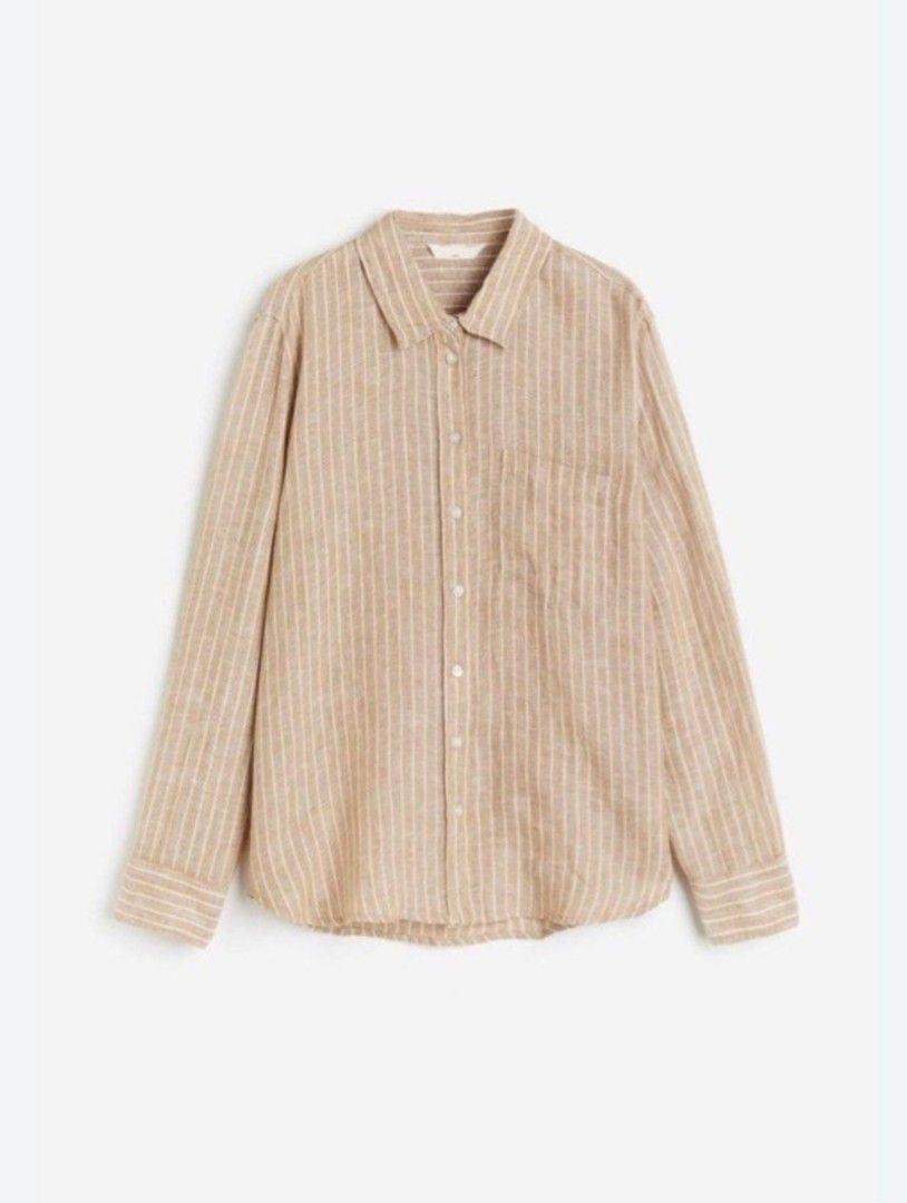 H&M Striped Linen Shirt Size S (Category: Shirts) located in San Juan City. Submitted by marie_d_r (Listing ID 1465685034, Image 1). Description: - Brand: H&M - Color: Neutral brown with white vertical stripes - Size: S - Material: Lightweight, breathable linen fabric - Features: Long sleeves, button-up front, standard collar, single chest pocket - Condition: Excellent / Well-maintained - Perfect for: Casual wear, layering, or warm weather.