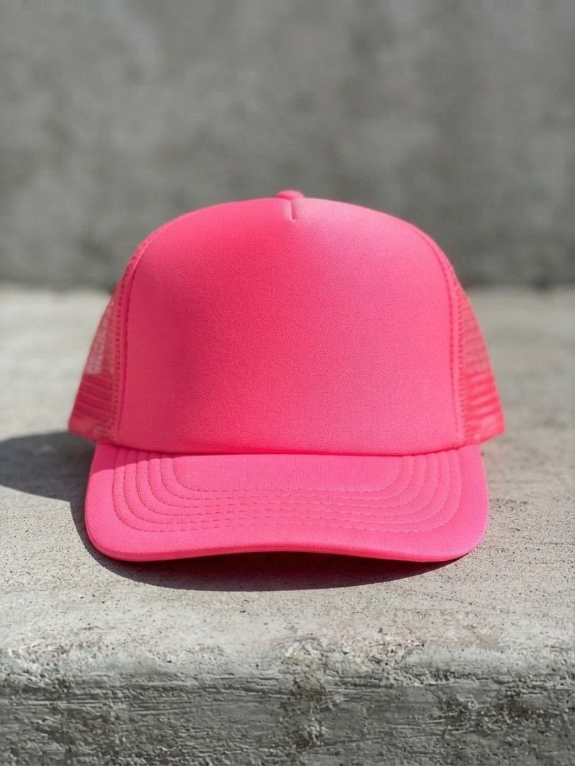 Hot Pink Blank Trucker Hat (Category: Hats & Beanies) located in Binangonan. Submitted by yuristalin888 (Listing ID 1465584024, Image 1). Description: * **Design:** Solid, vibrant hot pink blank front panel with a clean, unprinted aesthetic ready for customization. * **Structure:** Classic trucker style featuring a structured foam front, breathable matching pink mesh back and side panels, and a curved brim with stitched detailing. * **Fit & Comfo