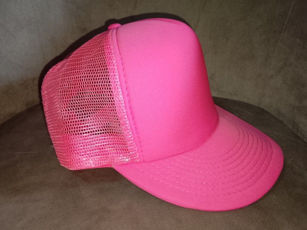 Hot Pink Blank Trucker Hat (Category: Hats & Beanies) located in Binangonan. Submitted by yuristalin888 (Listing ID 1465584024, Image 3). Description: * **Design:** Solid, vibrant hot pink blank front panel with a clean, unprinted aesthetic ready for customization. * **Structure:** Classic trucker style featuring a structured foam front, breathable matching pink mesh back and side panels, and a curved brim with stitched detailing. * **Fit & Comfo