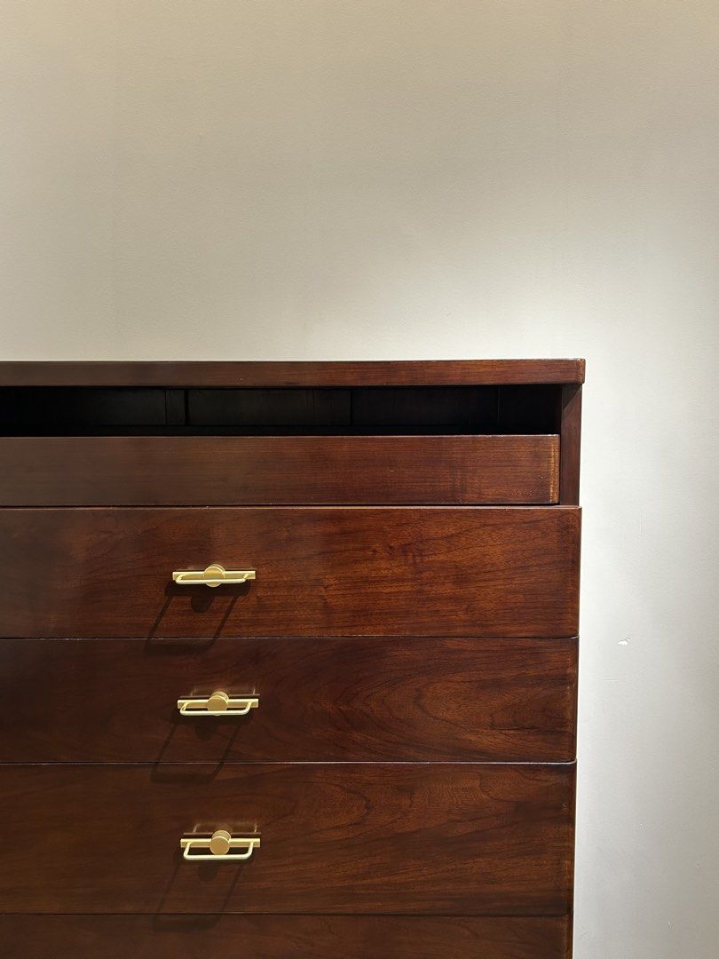 [External link] (Category: Shelves, Cabinets & Racks) located in Singapore. Submitted by sghomelivingcollective (Listing ID 1465622285, Image 3). Description: Elegant solid wood tallboy chest of drawers with a refined dark wood finish, beautiful natural grain and brass-tone hardware. Designed with a slim vertical profile, it provides generous storage without taking up too much floor space — ideal for bedrooms, dressing areas or compact apartments