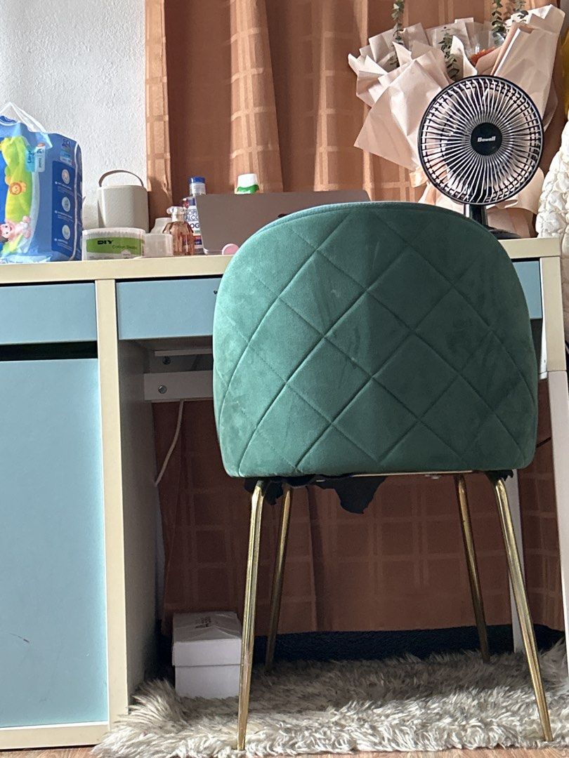 Ikea office table with chair (Category: Office Furniture & Fixtures) located in Rodriguez. Submitted by renielynsa22076 (Listing ID 1465618193, Image 2). Description: - Elegant green velvet upholstery with diamond-stitched backrest - Comfortable cushioned seat for daily use - Slender and sturdy gold metal legs - Compact size fits nicely under a vanity or study desk - Adds a touch of luxury to any room.