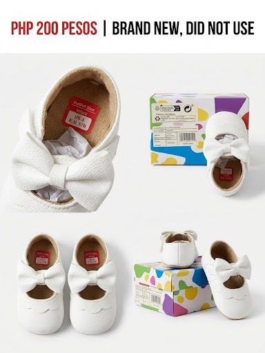 Infant White Baby Shoes (Category: Babies & Kids Fashion) located in Manila. Submitted by ekzzz (Listing ID 1465649144, Image 1). Description: - Style: White infant shoes with a cute front bow - Size: US 3 / EU 17.5 - Condition: Brand new, never used, properly stored - Details: Clean textured material with a charming scalloped edge.