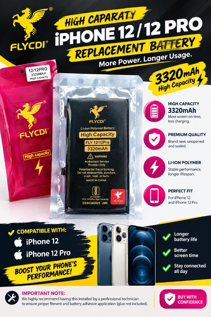 iPhone 12/12 Pro Battery (Category: Batteries & Power Banks) located in Taguig. Submitted by wiltech016 (Listing ID 1440404380, Image 1). Description: Selling a brand new, sealed FLYCDI replacement battery for the Apple iPhone 12 and iPhone 12 Pro. This is a "High Capacity" Li-ion polymer battery boasting 3320mAh. Since the original stock battery for these models is only 2815mAh, this upgrade will significantly improve your screen-on time and kee