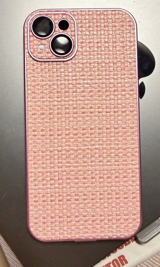 iPhone 14 Plus Case - Unused (Category: Cases & Sleeves) located in Valenzuela. Submitted by jam0816 (Listing ID 1465686718, Image 1). Description: iPhone 14 Plus Unused Pink woven texture finish on the back Metallic pink borders and inner lining Take all 4 for 300!.