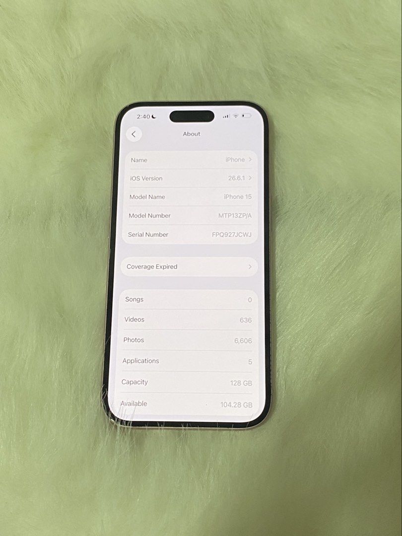iPhone 15 128GB Pink (Category: iPhone 15 Series) located in Manila. Submitted by isabelle.anousheh (Listing ID 1465676985, Image 2). Description: Iphone 15 128gb Pink Factory Unlocked (any simcard) 81% Battery Health True Tone and Face ID working No internal/hidden issues No history of repair (all parts are still original) Bought from The Loop (Feb 2024) Inclusions: Unit, Tempered Glass installed, Case, Replacement Box, Charger.