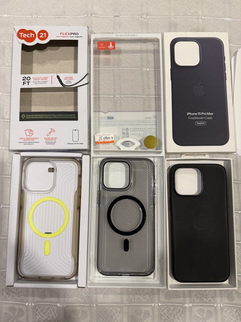 iPhone 15promax 3 cases bundle (tech21, xundo, apple) (Category: Cases & Sleeves) located in San Juan City. Submitted by snappymacs (Listing ID 1465668298, Image 1). Description: 1. Tech21 flexpro 2. Xundo 3. Fine woven case from Apple.