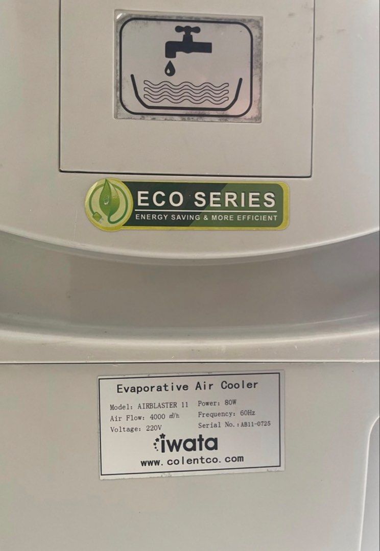 Iwata Airblaster 11 Evaporative Air Cooler (Category: Air Conditioning and Heating) located in Manila. Submitted by aiancm (Listing ID 1465598283, Image 3). Description: Iwata Airblaster 11 Eco series (Tipid sa kuryente) Evaporative air cooler Pwedeng lagyan ng water para may mist pag maalinsangan 3 speed (malakas ang buga) With swing and ion settings With caster wheels No issues normal na gamit Well maintained at malinis With remote control Rfs: