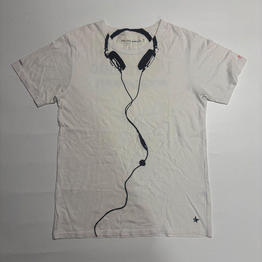 Izzue x Sony Ericsson Walkman Graphic Tee Size 4 (Category: Tshirts & Polo Shirts ) located in Cebu City. Submitted by kidfrom6000 (Listing ID 1465749877, Image 1). Description: - Brand: Izzue x Sony Ericsson Walkman collaboration - Color: White with front headphone and cord graphic - Details: Sony Ericsson branding on right sleeve, Walkman logo on left sleeve - Size: 4 - Material & Care: Cotton, hand wash only - Style: Casual music merch / stree
