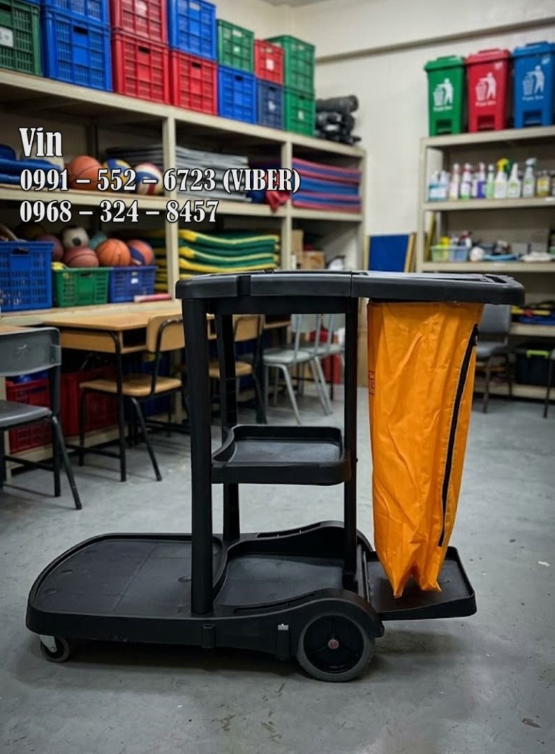 janitorial cart black (Category: Cleaning Tools & Supplies) located in Bacoor. Submitted by zx400rr (Listing ID 1465615045, Image 1). Description: Janitorial Cleaner Cart With cover Features Rugged and stable with 3 sturdy shelves; unit holds an overall 175 lb. weight capacity 25-gallon vinyl bag holds plenty of trash or linens Spacious front platform can hold a mop bucket or a 32-gallon trash can Non-marking swivel front casters and large rear w