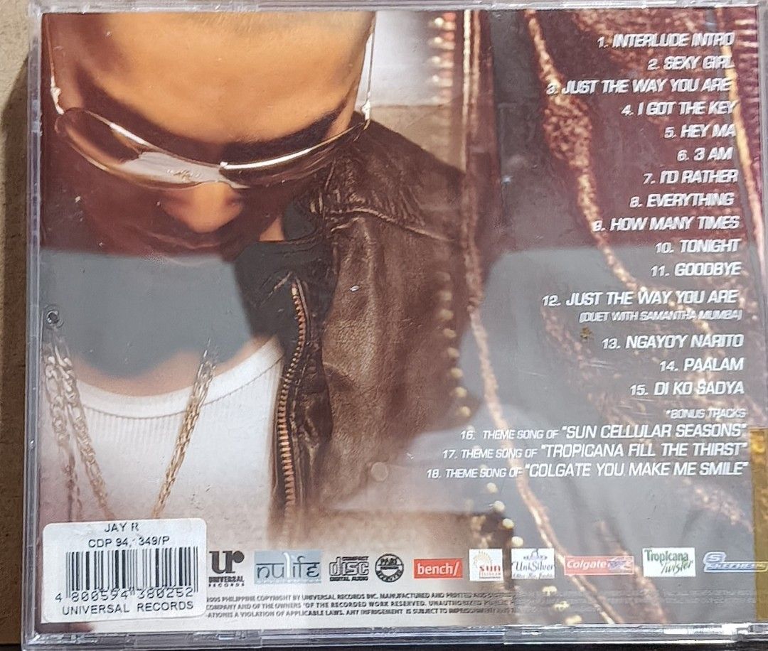 Jay R Album CD (Category: CDs & DVDs) located in Manila. Submitted by ruelcabrer77078 (Listing ID 1465641292, Image 3). Description: - Artist: Jay R - Format: Compact Disc (CD) with original jewel case - Label: Universal Records - Hit Tracks: Includes 'Just The Way You Are', 'Sexy Girl', plus special bonus tracks and brand themes (Sun Cellular, Colgate) - Inclusions: Full tracklist and original artwork inside - Condition: Original release, well-p