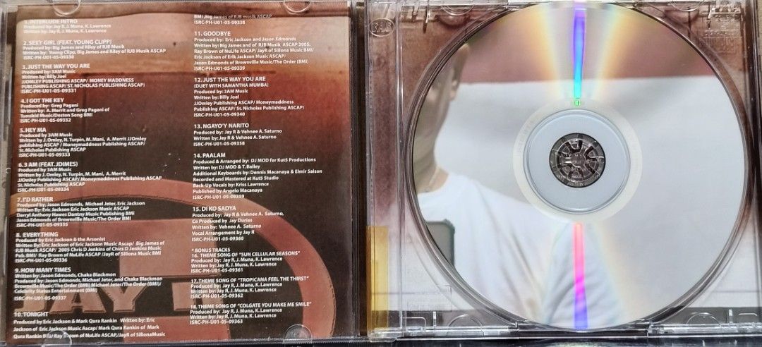 Jay R Album CD (Category: CDs & DVDs) located in Manila. Submitted by ruelcabrer77078 (Listing ID 1465641292, Image 2). Description: - Artist: Jay R - Format: Compact Disc (CD) with original jewel case - Label: Universal Records - Hit Tracks: Includes 'Just The Way You Are', 'Sexy Girl', plus special bonus tracks and brand themes (Sun Cellular, Colgate) - Inclusions: Full tracklist and original artwork inside - Condition: Original release, well-p