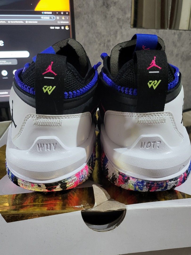 Jordan Why Not .6 Westbrook (US Size 12) (Category: Sneakers) located in Manila. Submitted by nostradamut (Listing ID 1465586614, Image 2). Description: For Sale - Model: Jordan Why Not .6 Westbrook - Size: US Size 12 - Colorway: White and black with translucent grid overlays - Highlights: Vibrant multi-color paint splatter outsole and blue zippers on the lace shroud - Condition: brand new - Inclusions: Original box - negotiable RFS: too big for 