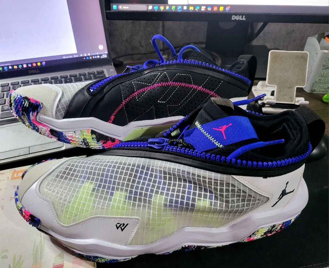 Jordan Why Not .6 Westbrook (US Size 12) (Category: Sneakers) located in Manila. Submitted by nostradamut (Listing ID 1465586614, Image 3). Description: For Sale - Model: Jordan Why Not .6 Westbrook - Size: US Size 12 - Colorway: White and black with translucent grid overlays - Highlights: Vibrant multi-color paint splatter outsole and blue zippers on the lace shroud - Condition: brand new - Inclusions: Original box - negotiable RFS: too big for 