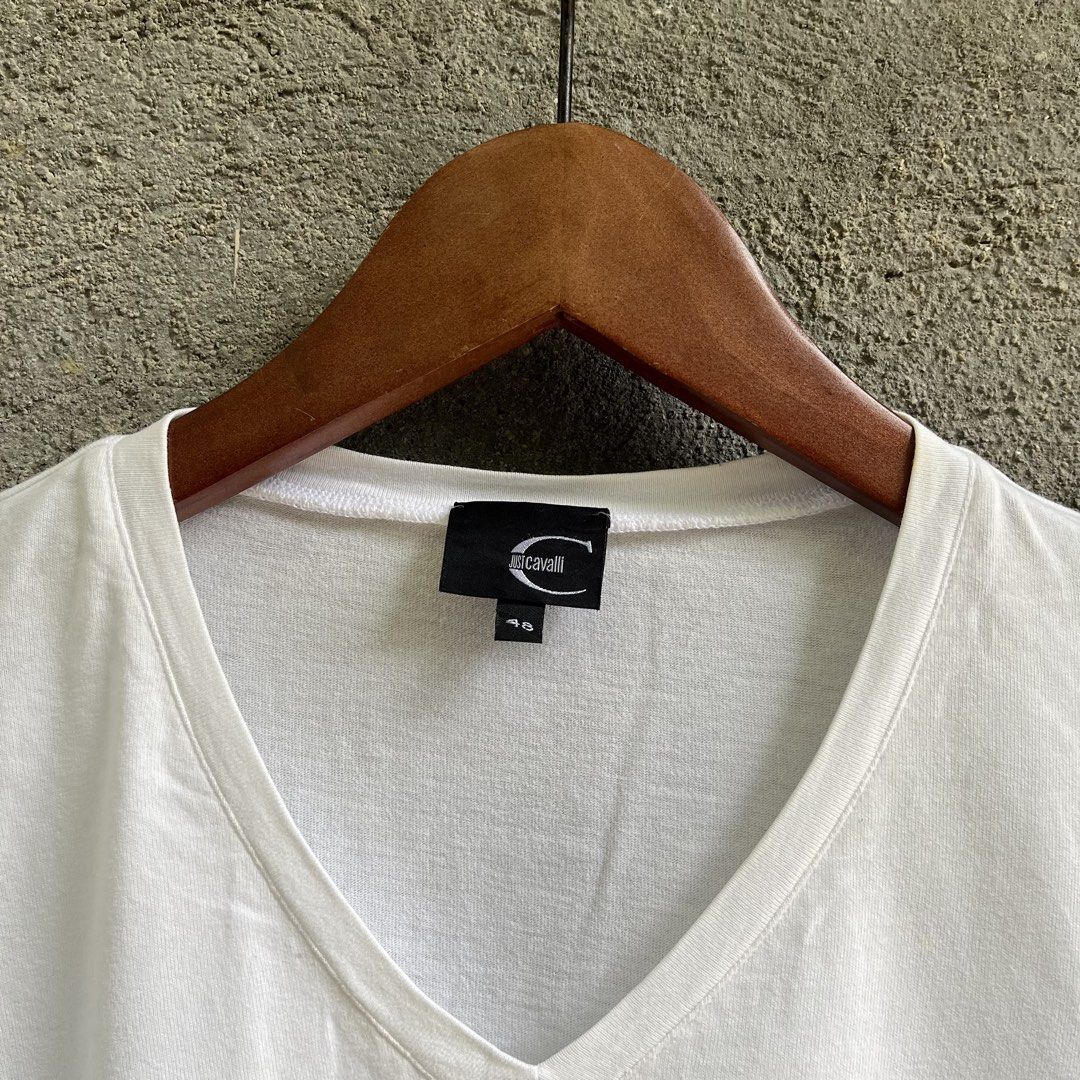 JUST CAVALLI V NECK (Category: Shirts) located in Manila. Submitted by flippinn (Listing ID 1465610503, Image 3). Description: Size 48 18W 27L Minimcal Cracks, White Paint stain Lalamove or J&t Express + Shipping fee.