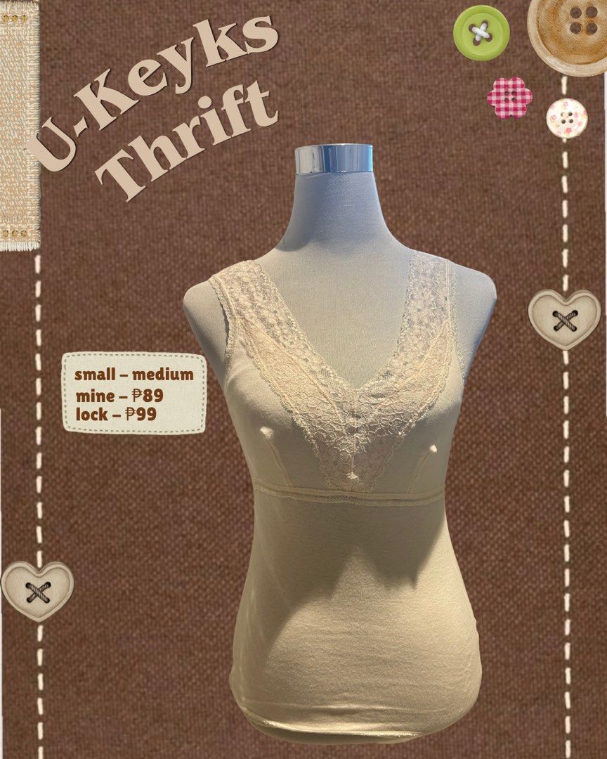 Lace Trimmed Light Pink Tank Top (Small ~ Medium) (Category: Sleeveless) located in Cavite. Submitted by ukeyks (Listing ID 1465706923, Image 2). Description: - Color: Cream - Material: Soft ribbed fabric - Details: Delicate lace trim on neckline and hem, built-in support cups with vertical seaming - Fit: Comfortably fits small to medium frames .