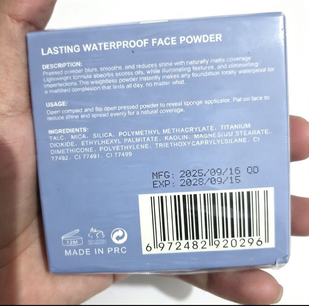 Lasting Waterproof Pressed Powder Oil Control (Category: Makeup) located in Quezon City. Submitted by ana-chan (Listing ID 1465636096, Image 2). Description: - Brand: LZL Lasting Waterproof Face Powder - Size: 10g - Finish: Oil-control matte, blurs and smooths skin - Performance: All-day wear, waterproof, absorbs excess oil for a flawless complexion - Inclusions: Sealed box with sponge applicator inside the compact - Fresh stock: Mfg Date: 2025/0