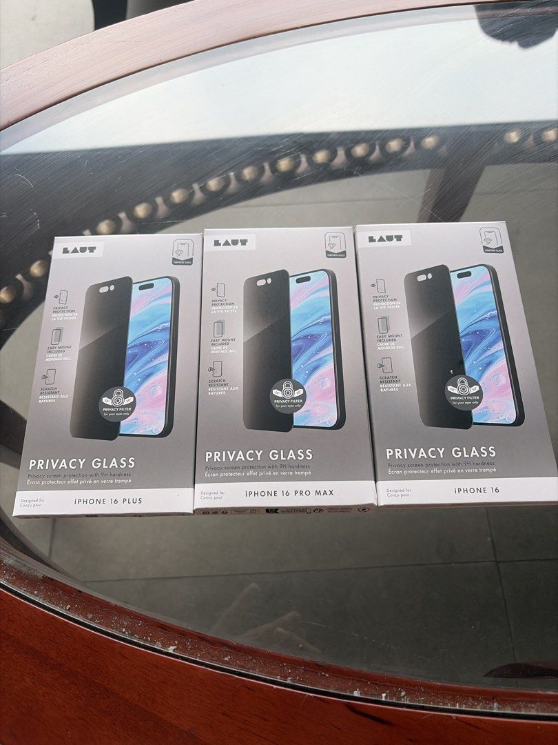LAUT iPhone 16 series privacy glass (Category: Cases & Sleeves) located in Manila. Submitted by marcins_wardrobe (Listing ID 1465655340, Image 1). Description: - Brand: LAUT - Compatible Models: iPhone 16, iPhone 16 Plus, iPhone 16 Pro Max - Features: Privacy filter for screen protection against side viewing, 9H hardness, scratch-resistant tempered glass - Includes: Easy mount installation kit - Condition: Brand new in box Free with any purchase 