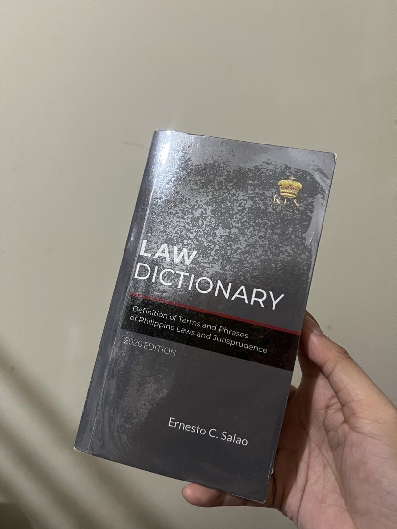 Law Dictionary 2020 Edition Ernesto C. Salao (Category: Textbooks) located in Manila. Submitted by rareeagle_08878d (Listing ID 1465693270, Image 1). Description: - Title: Law Dictionary - Author: Ernesto C. Salao - Edition: 2020 - Publisher: Rex Book Store - Condition: Clean pages inside, gray cover with white text - Perfect for: Law students and bar reviewees needing a reliable reference for Philippine laws and jurisprudence.