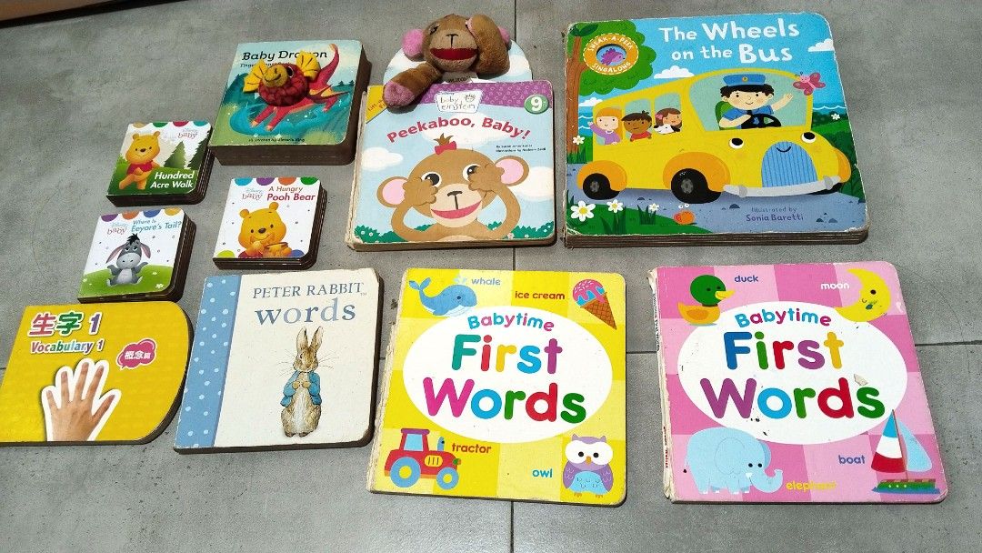 Learning board books bundle including Peter rabbit words and interactive wheels on the bus book (Category: Children's Books) located in San Pedro. Submitted by emplaything (Listing ID 1465663494, Image 1). Description: - Set of 7 interactive toddler board books - Includes Peter Rabbit Words, Wheels on the Bus, Baby Dragon finger puppet book, Peekaboo Baby, Disney Winnie the Pooh mini books, Babytime First Words, and Vocabulary 1 - Features fun te