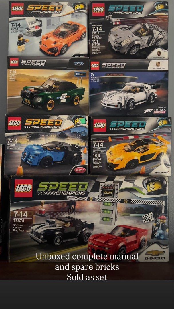 LEGO Speed Champions Vintage Sets Collection (Category: Lego & Building Sets) located in Manila. Submitted by xtianlim2727 (Listing ID 1465613371, Image 2). Description: - Massive LEGO Speed Champions collection featuring rare and retired sets - Includes multiple individual cars, truck transporters, and drag race sets - Features top brands: Porsche, McLaren, Ford, Chevrolet, Bugatti, and Audi - Condition: Mostly sealed boxes, plus one unboxed set