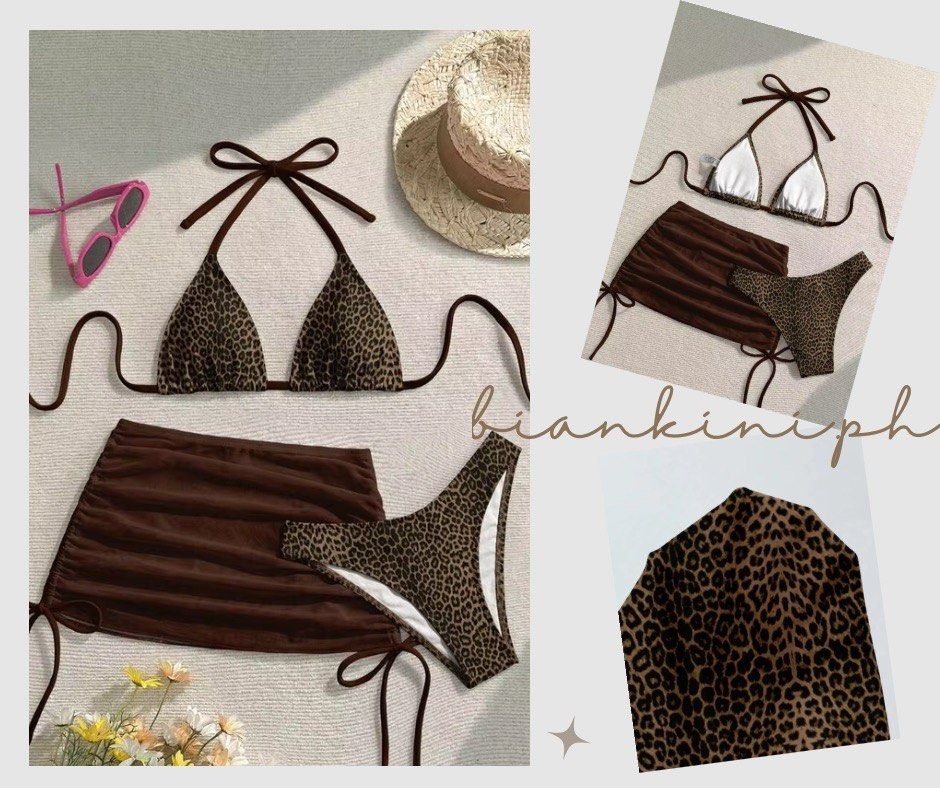 Leopard Print Bikini Set with Cover-up Skirt (Category: Bikinis & Swimsuits) located in Las Pinas. Submitted by kathybianca (Listing ID 1465662385, Image 1). Description: - 3-piece swimsuit set in a stylish leopard print and brown colorway - Includes a triangle halter bikini top with white-lined cups and adjustable brown tie straps - Matching classic bottoms for a cohesive look - Sheer ruched mini skirt with adjustable side ties included - Perfec