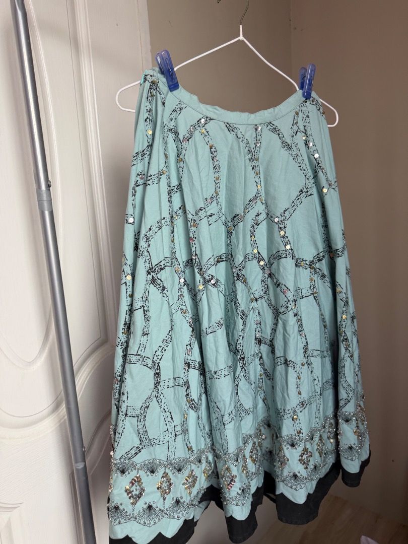 Light Blue Long Skirt with Sequins and Pattern (Category: Skirts) located in Naic. Submitted by _ookaymnl (Listing ID 1465636314, Image 1). Description: - Style: Light blue midi skirt with dark chain link pattern - Details: Covered in shiny gold and silver sequins all over - Hem: Heavy beaded embroidery along the scalloped hemline - Features: Dark lining underneath and convenient side zipper closure -hazelhazelhazel on tag - Occasion: Eye-catchin