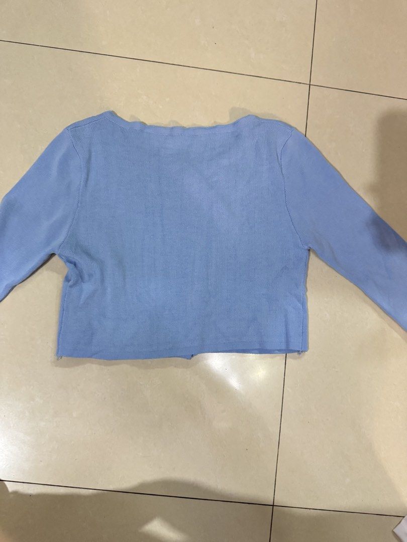 Light Blue Ribbed Knit Crop Cardigan (Category: Coats, Jackets and Outerwear) located in Quezon City. Submitted by sweetlyluxe (Listing ID 1465603641, Image 3). Description: - Color: Pastel blue - Material: Soft ribbed knit - Design: Front buttons, long sleeves, round neckline, cropped length - Fit: Small to medium - Condition: minimal flaw as seen on photo - Styling: Perfect with high-waisted jeans or skirts - byeon woo seok fanmeet outfit.