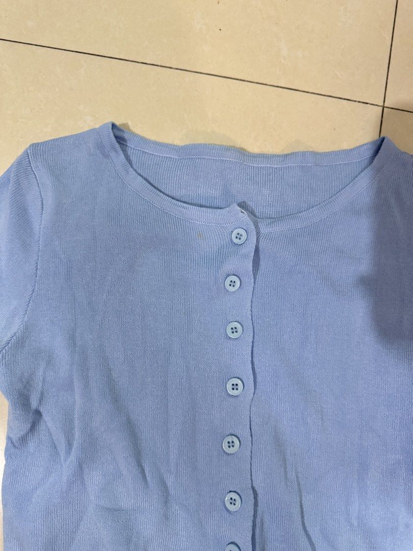 Light Blue Ribbed Knit Crop Cardigan (Category: Coats, Jackets and Outerwear) located in Quezon City. Submitted by sweetlyluxe (Listing ID 1465603641, Image 2). Description: - Color: Pastel blue - Material: Soft ribbed knit - Design: Front buttons, long sleeves, round neckline, cropped length - Fit: Small to medium - Condition: minimal flaw as seen on photo - Styling: Perfect with high-waisted jeans or skirts - byeon woo seok fanmeet outfit.