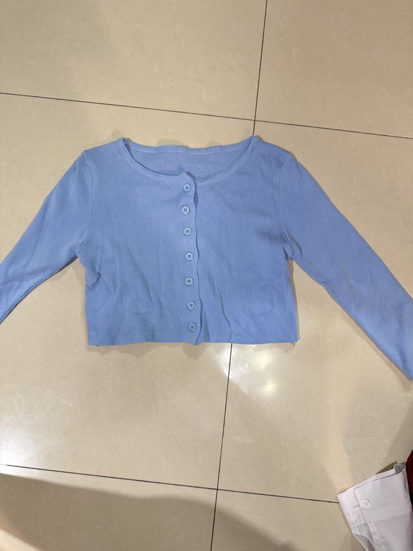 Light Blue Ribbed Knit Crop Cardigan (Category: Coats, Jackets and Outerwear) located in Quezon City. Submitted by sweetlyluxe (Listing ID 1465603641, Image 1). Description: - Color: Pastel blue - Material: Soft ribbed knit - Design: Front buttons, long sleeves, round neckline, cropped length - Fit: Small to medium - Condition: minimal flaw as seen on photo - Styling: Perfect with high-waisted jeans or skirts - byeon woo seok fanmeet outfit.