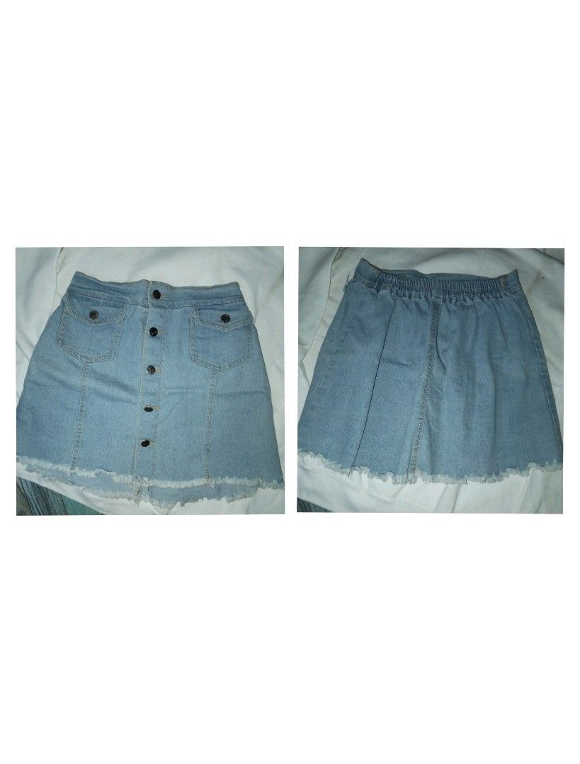 Light-wash Denim Mini Skirt (Category: Skirts) located in Caloocan City. Submitted by thriftjz (Listing ID 1465759388, Image 1). Description: - Light blue denim skirt - Button closure - Two front pockets - Raw hem - Elasticated waist (23-28 inches) - Length: 13 inches loc: South Caloocan.