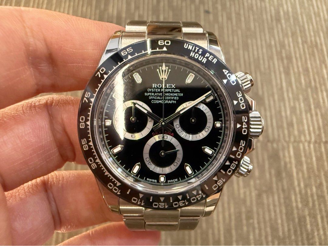 Like New Sep 23 Rolex Oyster Perpetual Cosmograph Chronograph Daytona Black Godzilla 116500 116500LN (Category: Watches) located in Singapore. Submitted by thetimeco (Listing ID 1465598395, Image 2). Description: Condition: Like New 9.9 / 10 Box Papers: Complete set dated Sep 2023. 5 years Rolex international warranty until Sep 2028. RX8 film protection on. White tag available. Case Diameter: 40mm Material(s): Stainless Steel, Black Ceramic Bezel