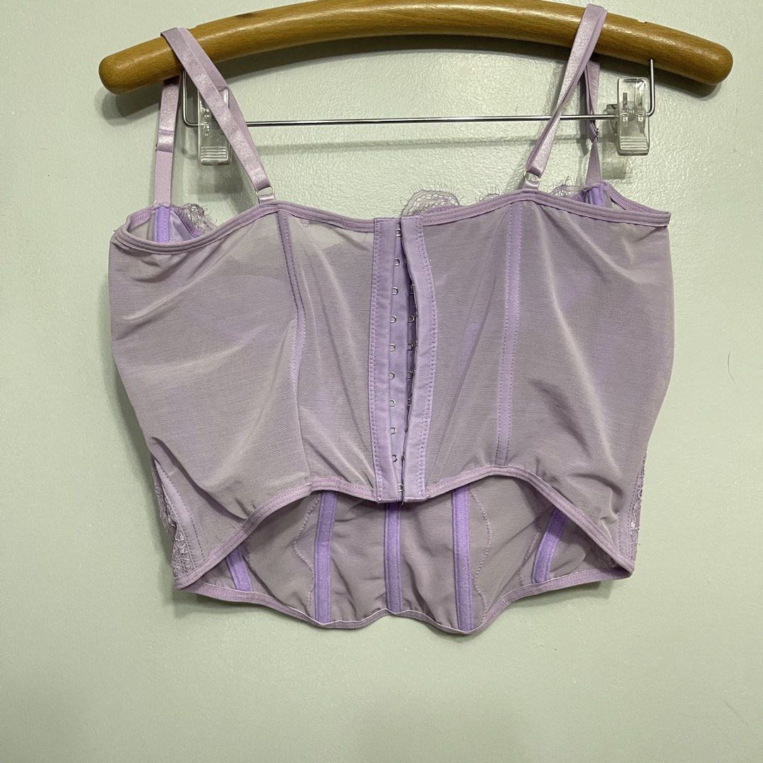 Lilac Purple Lace Corset Top Large (Category: Sleeveless) located in General Trias. Submitted by 1992thelabel (Listing ID 1465610430, Image 2). Description: Selling to feed more bellies! 🐶🐱Proceeds go to my rescue dogs, cats & strays. Your purchase would mean a lot! Thank you 🐾 - Color: Gorgeous soft pastel lilac purple - Material: Sheer mesh fabric with delicate lace panels - Support: Underwire cups and structured boning throughout for shape 