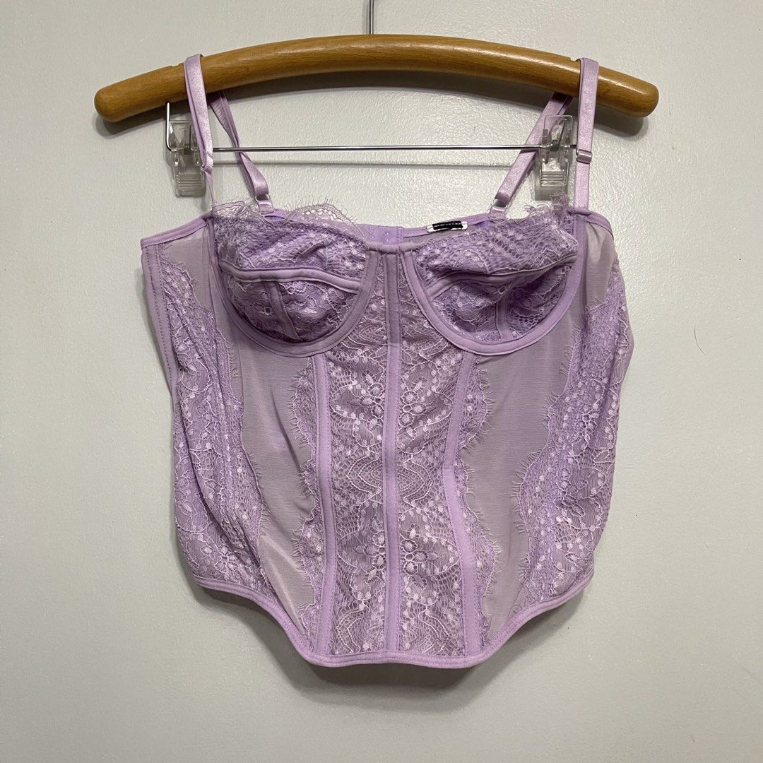 Lilac Purple Lace Corset Top Large (Category: Sleeveless) located in General Trias. Submitted by 1992thelabel (Listing ID 1465610430, Image 1). Description: Selling to feed more bellies! 🐶🐱Proceeds go to my rescue dogs, cats & strays. Your purchase would mean a lot! Thank you 🐾 - Color: Gorgeous soft pastel lilac purple - Material: Sheer mesh fabric with delicate lace panels - Support: Underwire cups and structured boning throughout for shape 