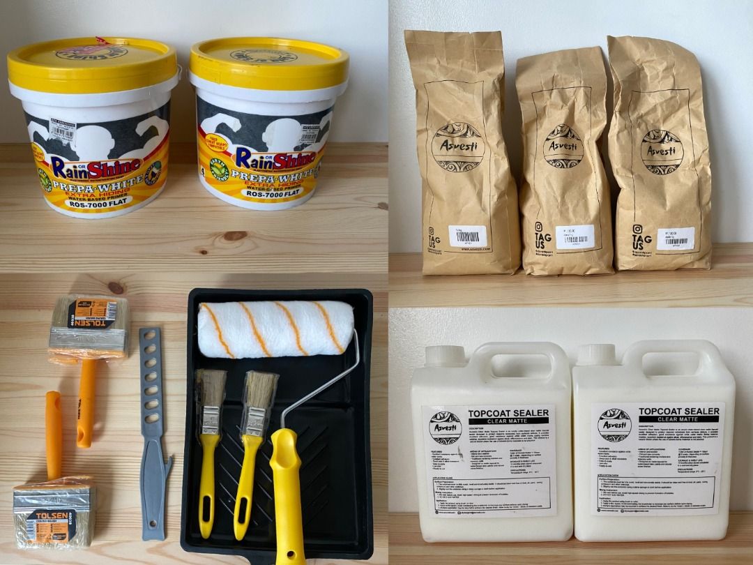 LIMEWASH + PRIMER PAINT + PAINTING TOOLS SET (Category: Other Home Decor) located in Mandaluyong City. Submitted by phoemela.things (Listing ID 1465707297, Image 1). Description: Total original price: 6k+ php, excluding tools) Set includes: - Asvesti Abella 1kg x2 (https://www.asvesti.com/products/abella) - Asvesti Fla 1kg (https://www.asvesti.com/products/fla) - Asvesti Clear Matte Topcoat Sealer 1L x2 (https://www.asvesti.com/products/clear-mat