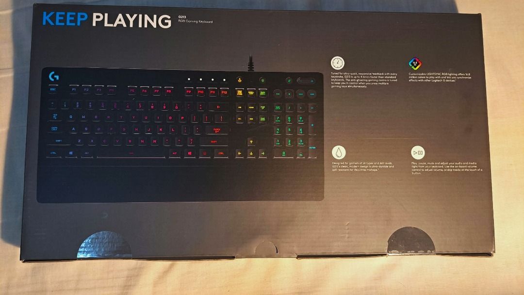 Logitech G213 Prodigy RGB Gaming Keyboard (Category: Computer Keyboard) located in Manila. Submitted by raf7777 (Listing ID 1465686425, Image 2). Description: Logitech G213 Prodigy Keyboard BNEW 4x faster than standard keyboards Choose from up to 16.8 million colors - Authentic Logitech G213 RGB Gaming Keyboard - Comes in original, intact packaging RFS: Won from Raffle. I don't need it. Text: 09175168765 Condition: Bnew. Never used, never opened.