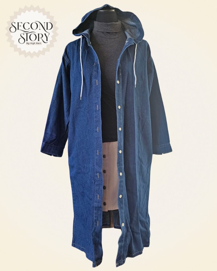 Long Denim Trench Coat with Hood (Category: Coats, Jackets and Outerwear) located in Cavite. Submitted by secondstorybyhighrain (Listing ID 1465598202, Image 1). Description: - Color: Dark blue denim wash - Design: Attached hood with white drawstring cords, full button-up front closure - Fit: Relaxed, long sleeves, extends past the knees - Style: Great layering piece for cooler weather B 37 L 44 .