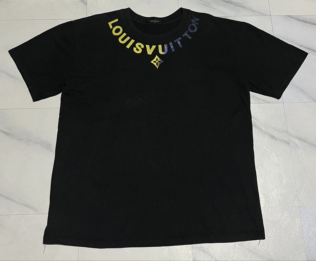 Louis Vuitton Rainbow Gradient Collar Black T-Shirt (Category: Tshirts & Polo Shirts ) located in Cavite. Submitted by christianzuuu (Listing ID 1465726243, Image 1). Description: - Off/ Legit lang po sa items Louis Vuitton black t-shirt with rainbow gradient neckline lettering and flower monogram logo. Short sleeves, classic crew neck. Brown leather patch on the back collar. Size tag displays multiple sizing options including 170/90 and up to XX