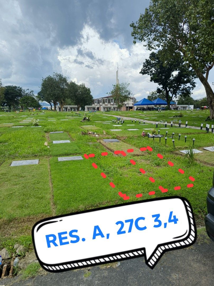 Loyola Marikina (Category: Memorial Lot) located in Marikina City. Submitted by tonysparks (Listing ID 1465705099, Image 1). Description: - Double cemetery plot available (Res. A, 27C 3,4) - Peaceful parkland setting with lush green grass and trees - Open grounds featuring clear lot markers - Scenic view with a church building in the background - Direct transfer available - Message for memorial park location and complete paperwork details ONE-TIM