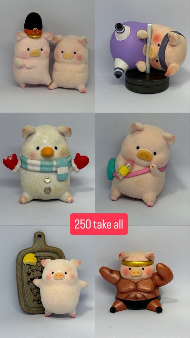 LuluPig - Take all (Category: Designer & Blind Box Toys) located in Manila. Submitted by silverfalcon_dbc769 (Listing ID 1465750299, Image 1). Description: - Bundle of cute fuzzy pig miniatures - Includes unique variations: snowman pig, pole dancer pig, chef pig with backdrop, muscular wrestler pig, and more - Price: ₱250 for the complete set - Perfect for desk displays or miniature collections - Grab all of them together!.