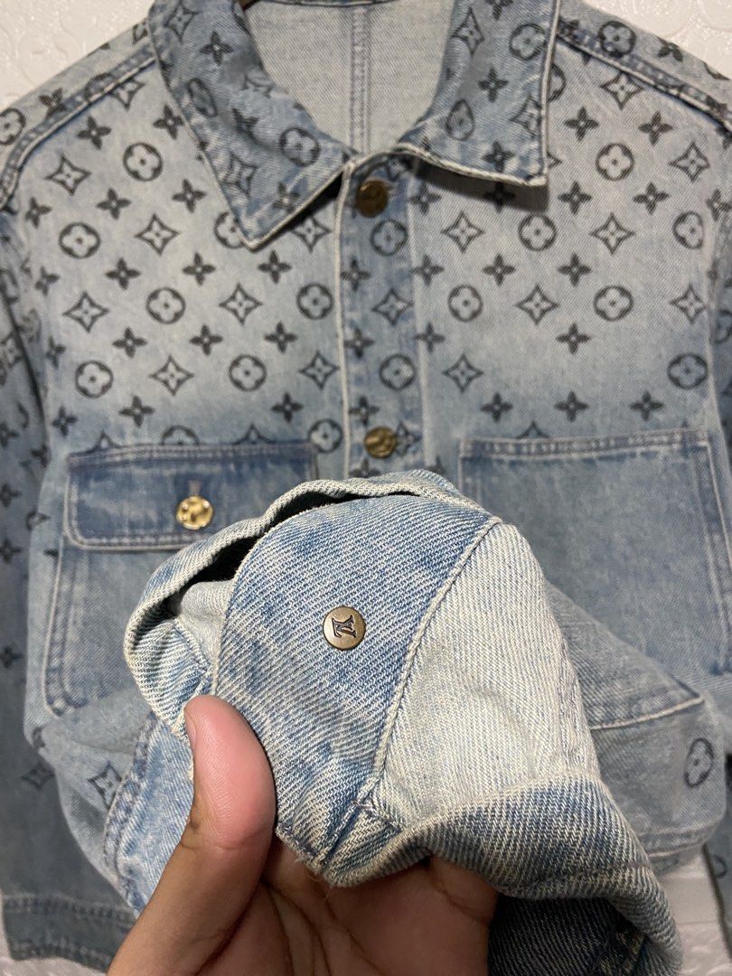 LV monogram denim jacket (Category: Coats, Jackets and Outerwear) located in Baguio. Submitted by stickygarments (Listing ID 1465650949, Image 3). Description: LV monogram chore denim jacket condition:excellent large dimes:22x28 .